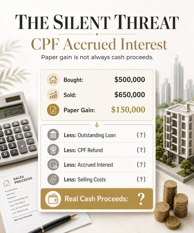 Singapore property sale illustration showing how CPF accrued interest, CPF refund, outstanding loan and selling costs can reduce real cash proceeds after selling a HDB flat, EC or private property.