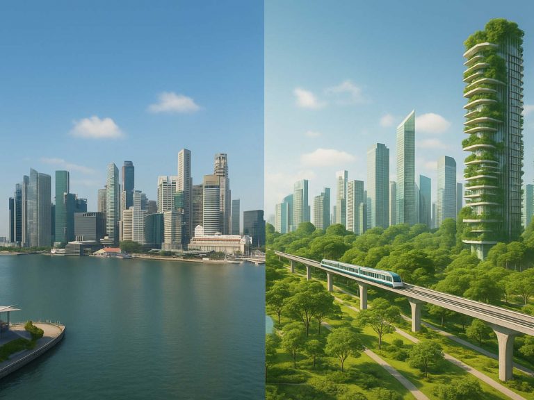 A side-by-side digital image showing the transformation of Singapore’s cityscape, with one half illustrating a classic skyline and the other half depicting a modern, green, MRT-connected city of the future—suitable for a Master Plan property article