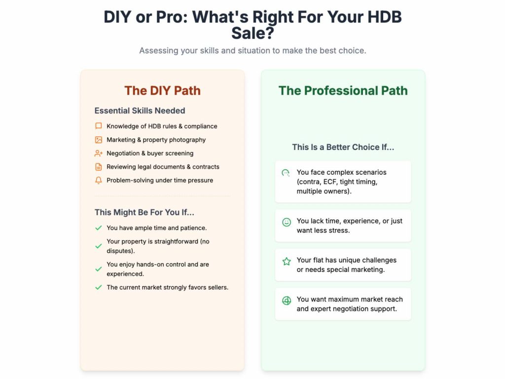 DIY vs professional help comparison table for HDB resale process in Singapore 2025, with skills, costs, and scenarios