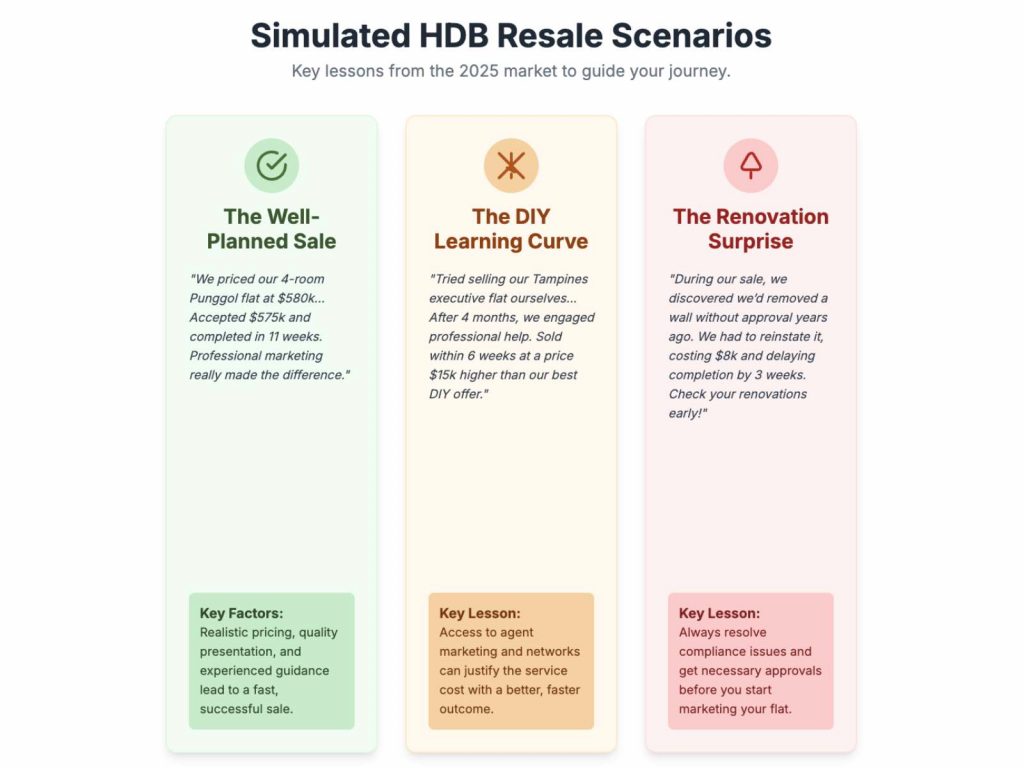Real seller experiences and lessons from the HDB resale process in Singapore 2025, including pricing, DIY sales, and renovation compliance