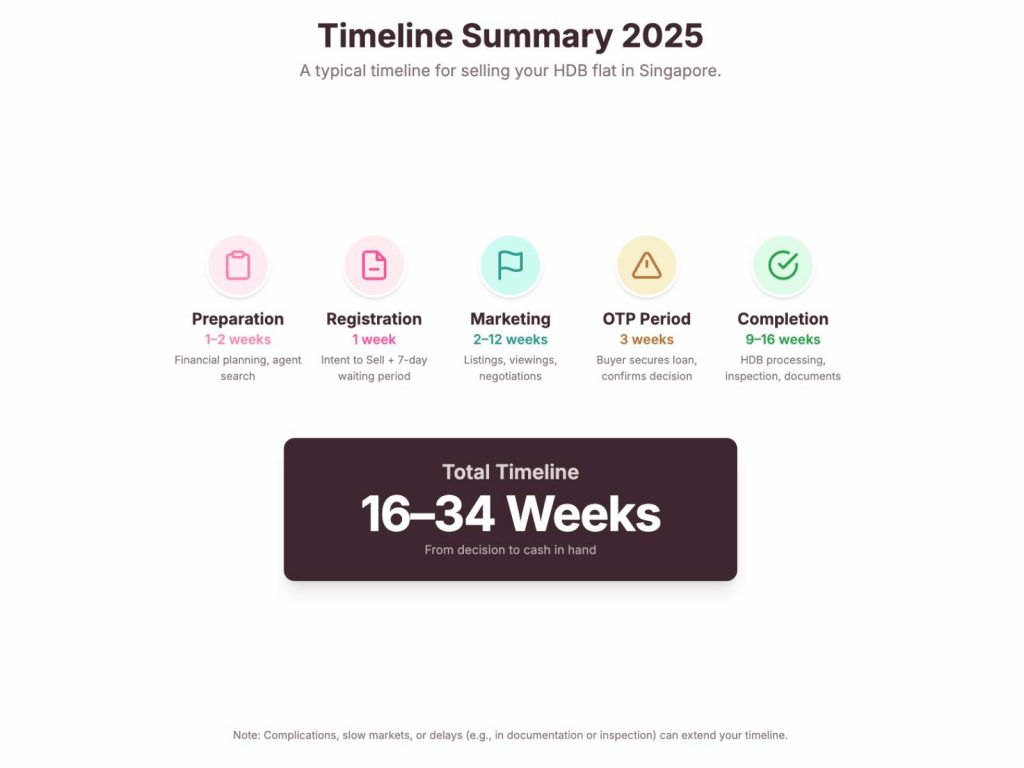 Timeline summary for the HDB resale process in Singapore 2025, from preparation to completion with key stages