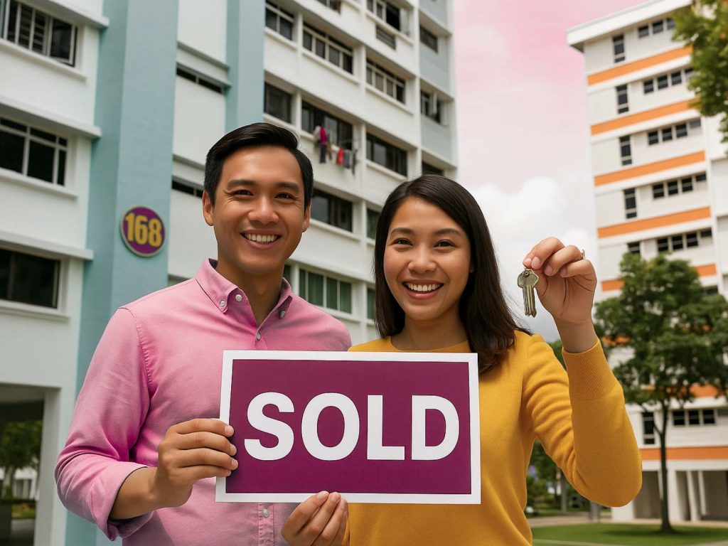 Happy Singapore couple celebrating successful HDB resale in 2025, standing with SOLD sign and keys in front of HDB flat