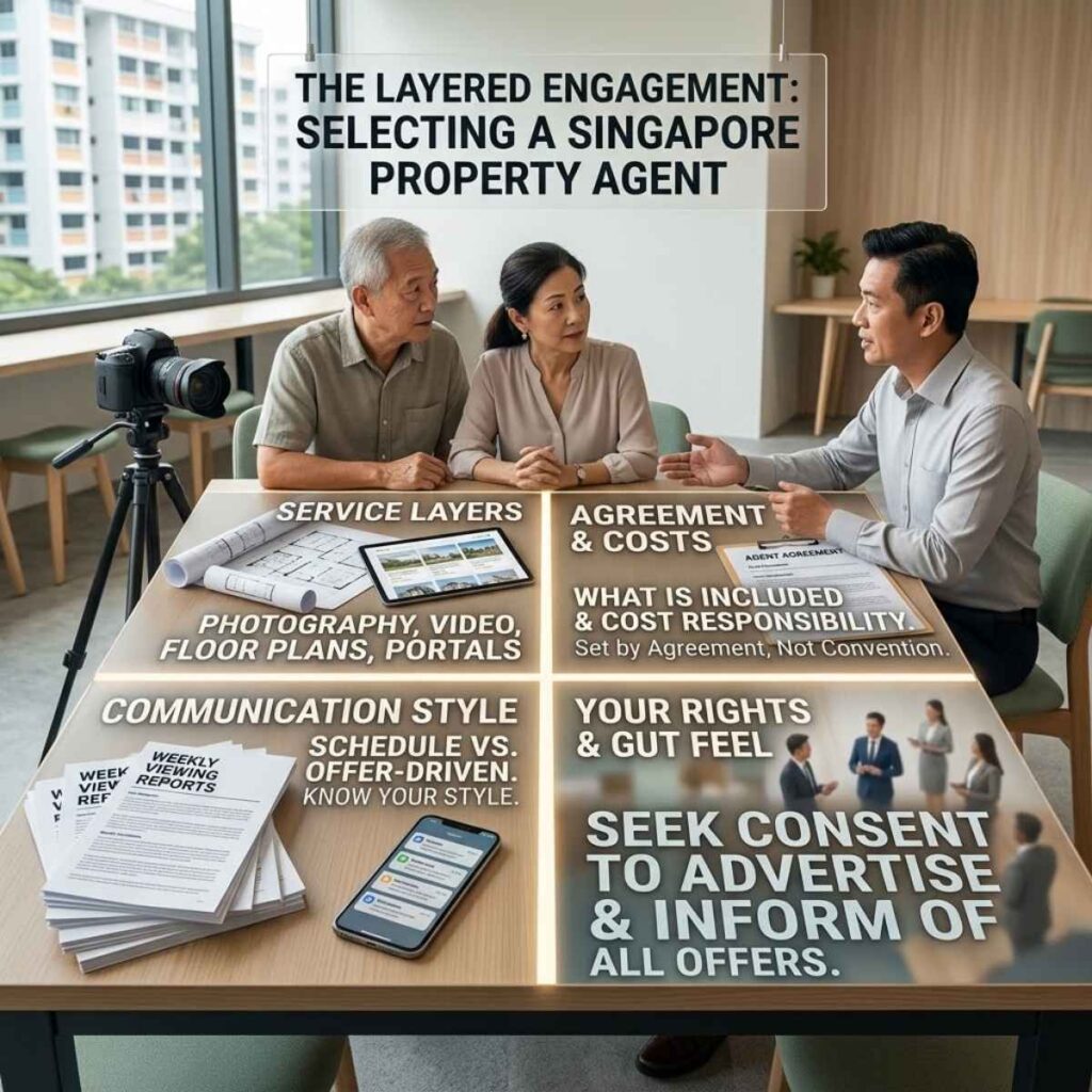 A property owner and an agent talking across a table about how they will work together and how often updates will come