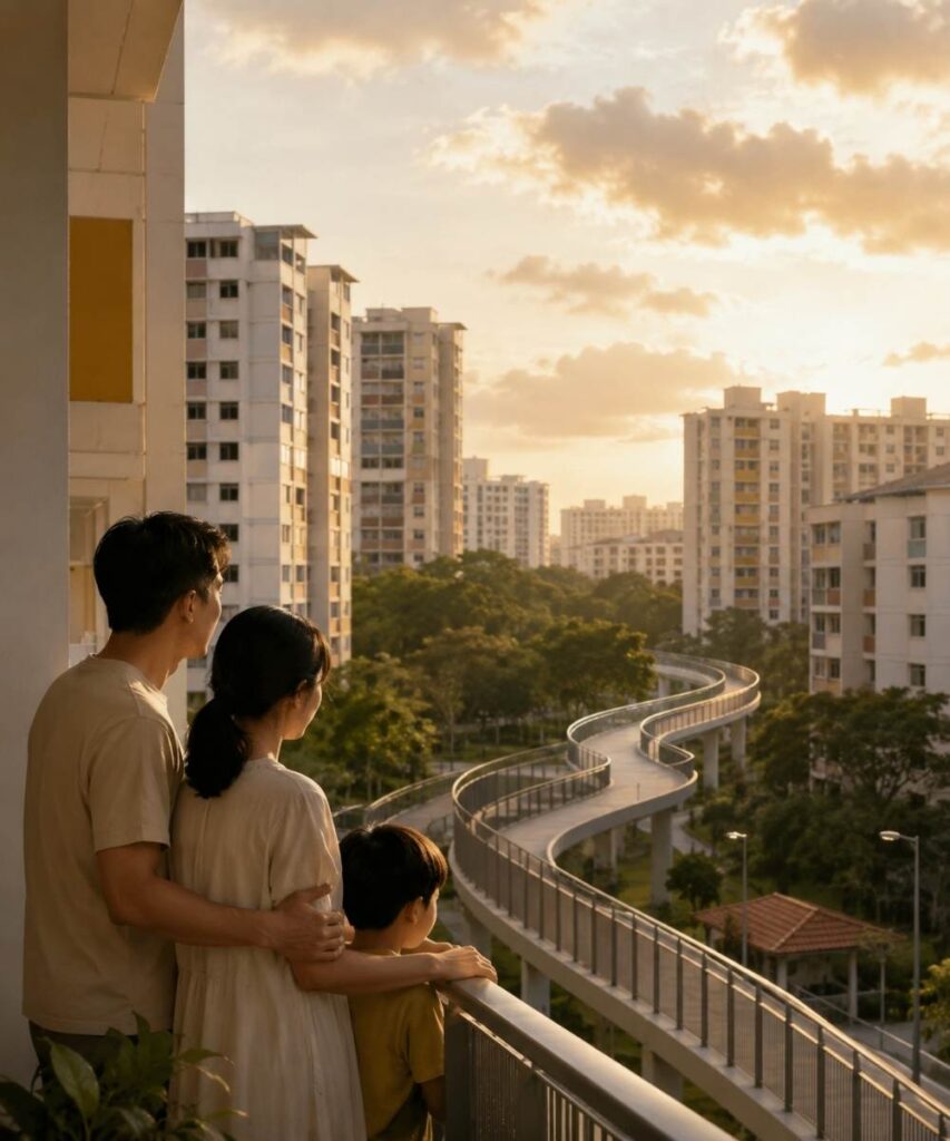 A family standing at an HDB corridor during golden hour, looking out over a winding elevated walkway and surrounding flats, symbolising how HDB prices move through different market cycles rather than in a straight line.