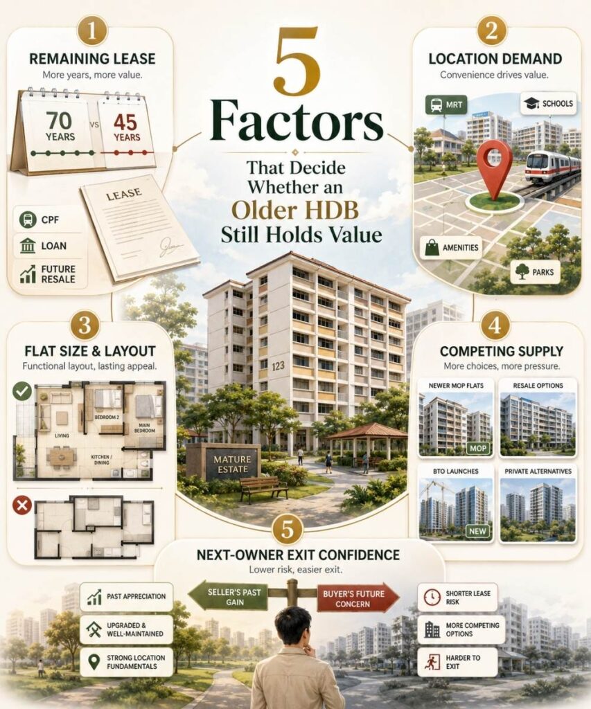 Infographic showing five main factors that affect whether an older HDB flat still holds value: remaining lease, location demand, flat size and layout, competing supply, and next-owner exit confidence, illustrated around a mature HDB estate.