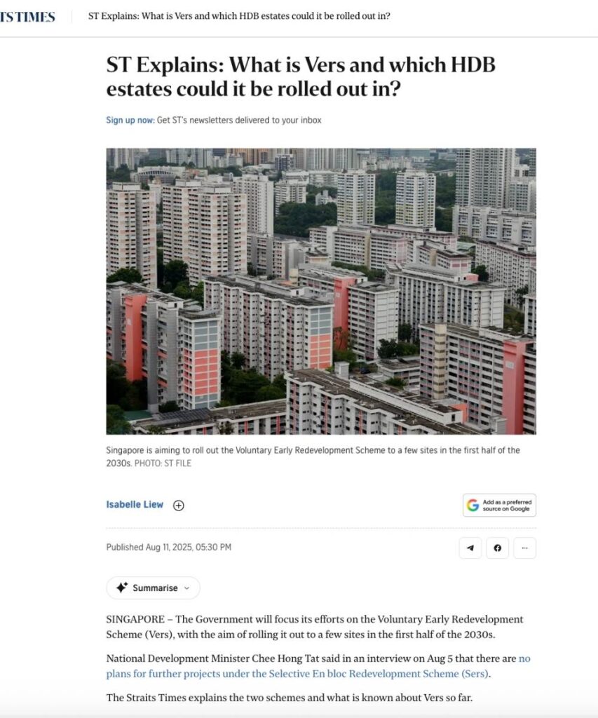 Screenshot of a Straits Times article explaining VERS and possible HDB estates for future redevelopment, used to illustrate why homeowners should not rely on SERS or VERS when planning around older HDB flats.