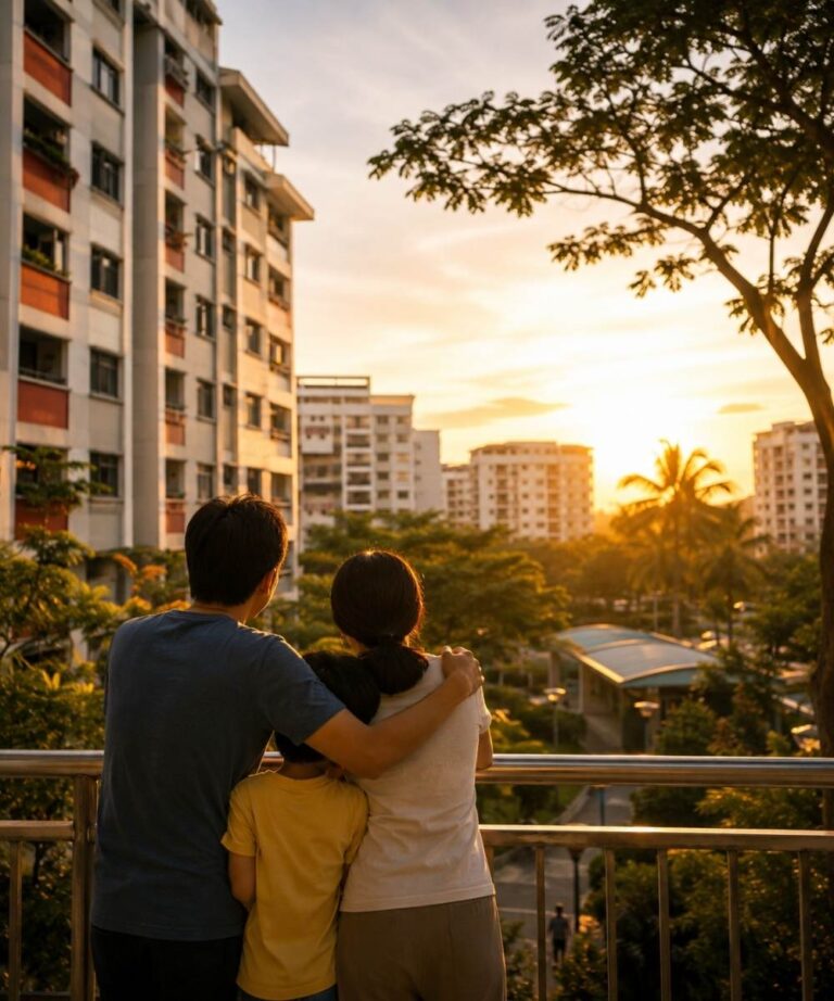 A family standing together at an HDB corridor during sunset, looking over a mature Singapore estate, symbolising calm reflection, HDB depreciation planning, and the decision to hold, sell, or move on.