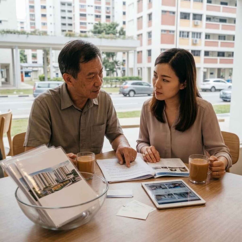 Two people discussing property documents at a table before appointing a property agent in Singapore