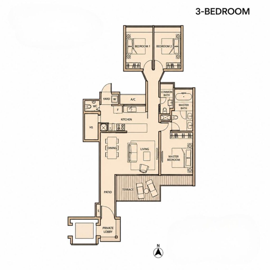 Floor plan of a 3-bedroom condominium unit where a private lobby and corridor lead to a separate two-bedroom wing, with a terrace and patio off the living area