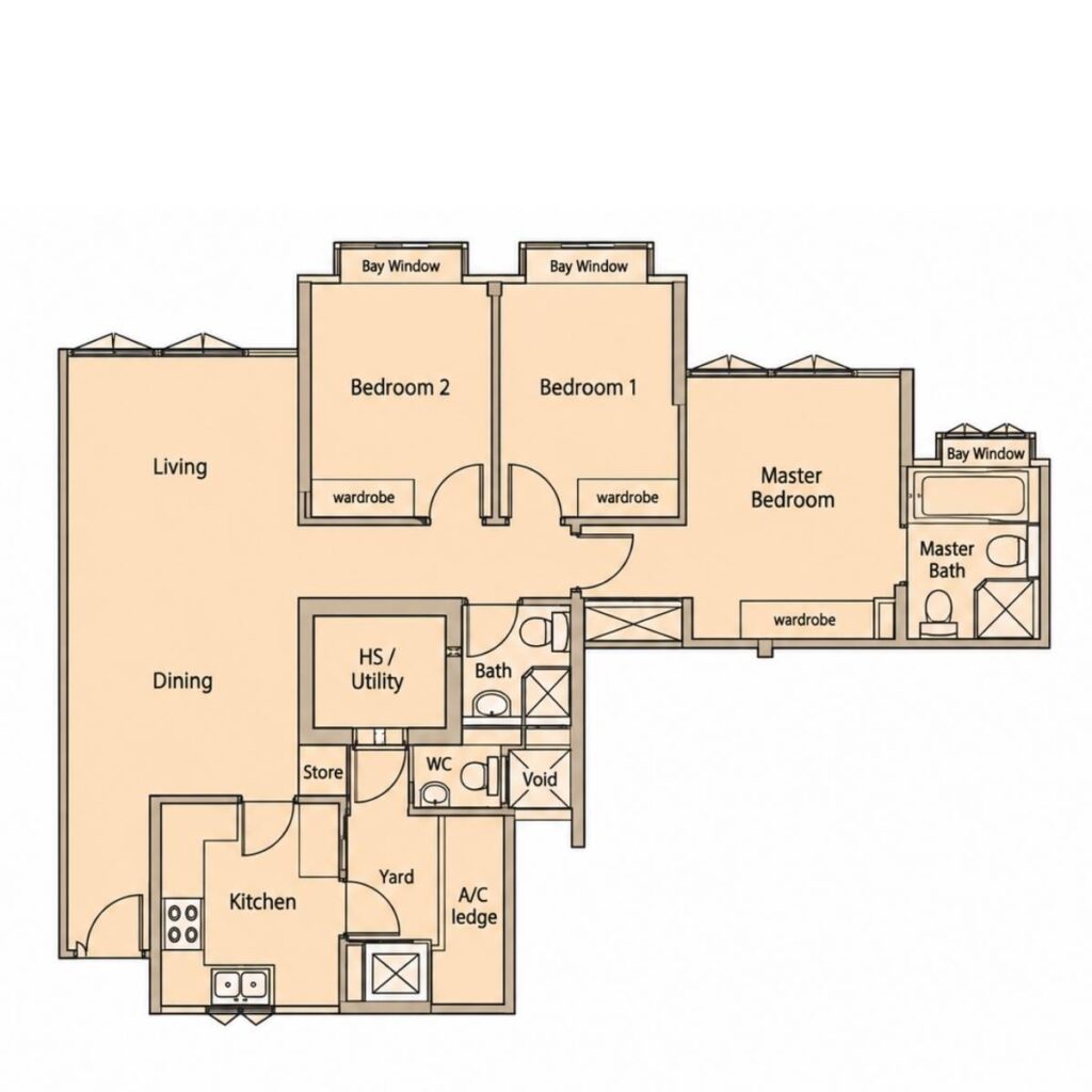 Floor plan of a 3-bedroom condominium unit with bay windows in both bedrooms, the master bedroom and the master bath, plus a void, an a/c ledge and a yard