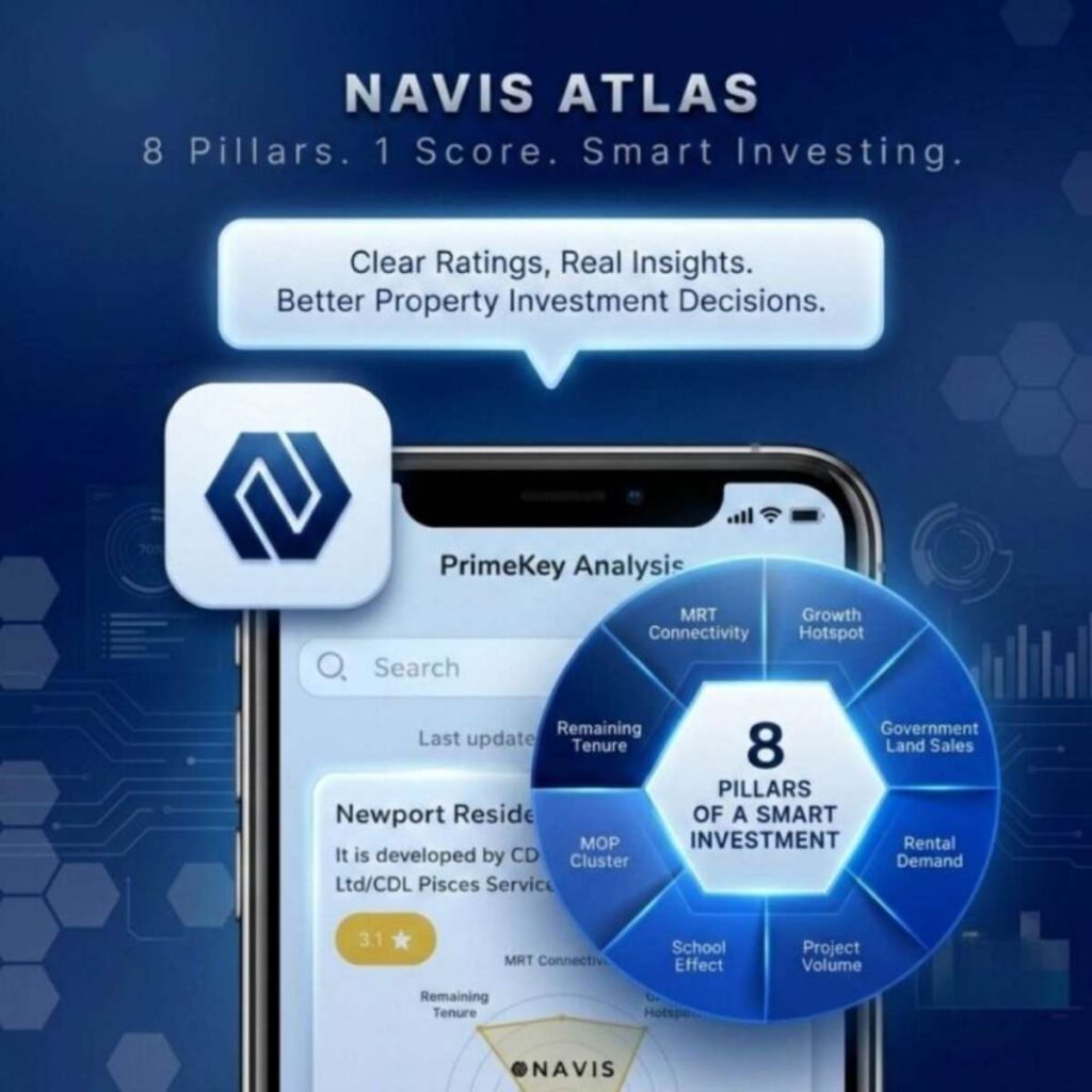 Navis Atlas PrimeKey diagram showing its eight scoring factors — MRT connectivity, growth hotspot, government land sales, rental demand, project volume, school effect, MOP cluster and remaining tenure