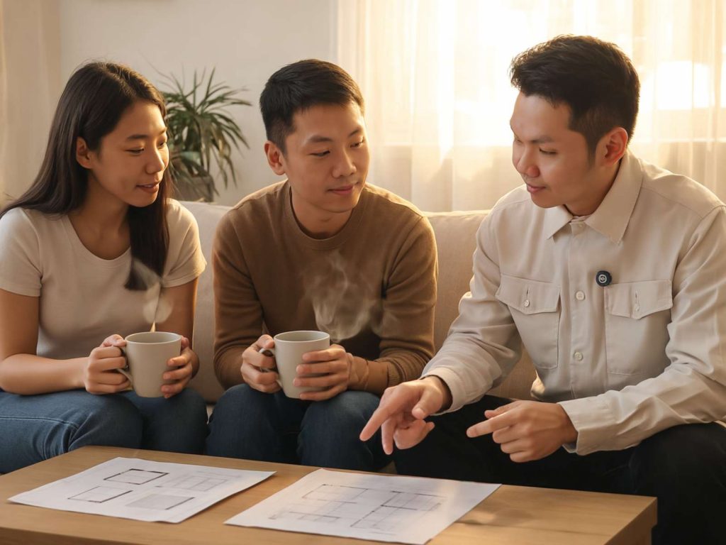 Property agent having a relaxed consultation with a Singaporean couple reviewing floor plans and drinking coffee