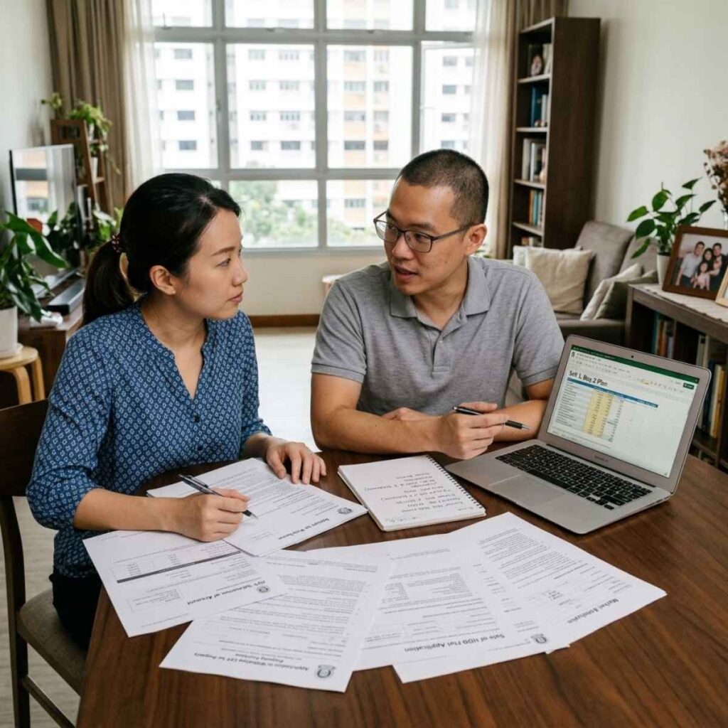 Couple reviewing property and CPF documents at a table before deciding to sell one and buy two