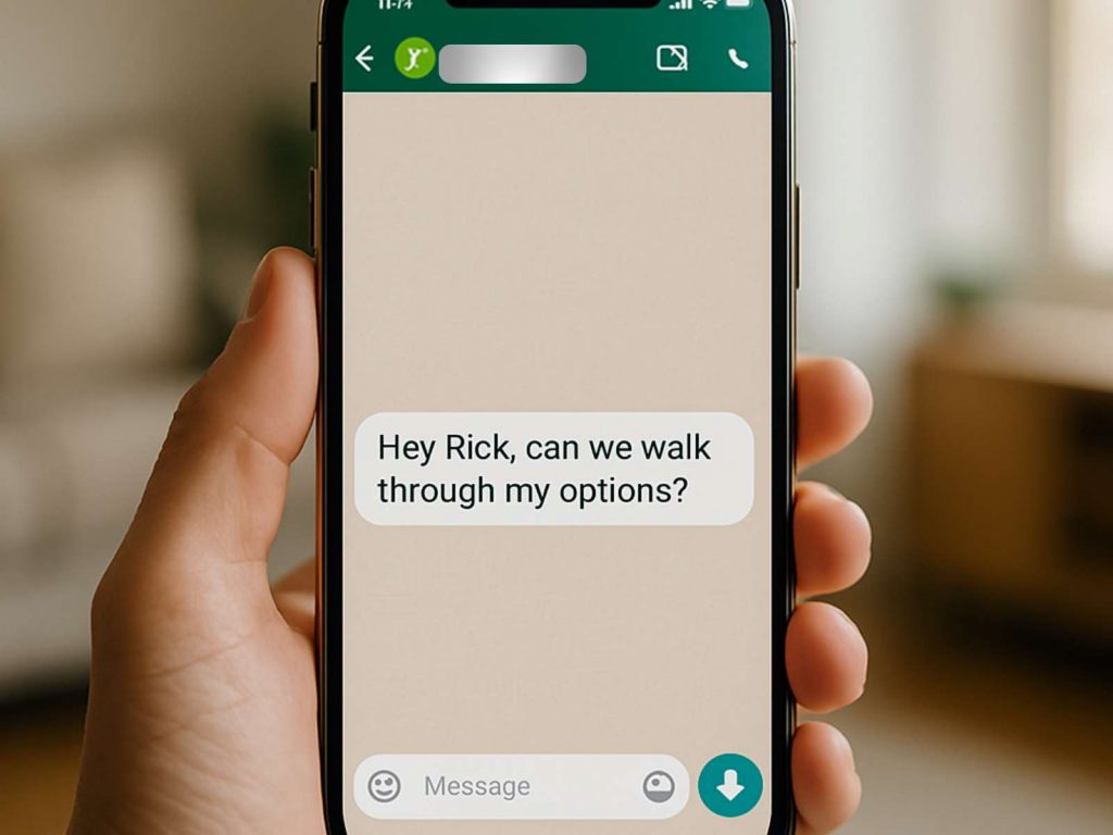 WhatsApp chat screenshot with Rick: ‘Can we walk through my options?’ – calm CTA invitation