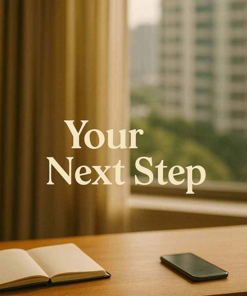 A warm, cinematic desk scene with an open notebook and phone beside a window overlooking Singapore housing — symbolising reflection before an EC owner's next property decision after MOP.