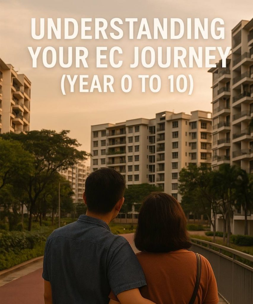 Cinematic photo of a Singapore couple’s Executive Condominium journey from Year 0 to Year 10 — starting with receiving keys to their first EC, progressing to mid-life homeowners at the 5-year MOP stage, and ending as a family enjoying their fully privatised condo. Warm golden light, modern Singapore skyline, and a soft timeline overlay showing the EC progression.