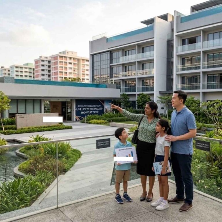 Singapore Executive Condominium exterior, viewed by a family considering an upgrade from their HDB flat