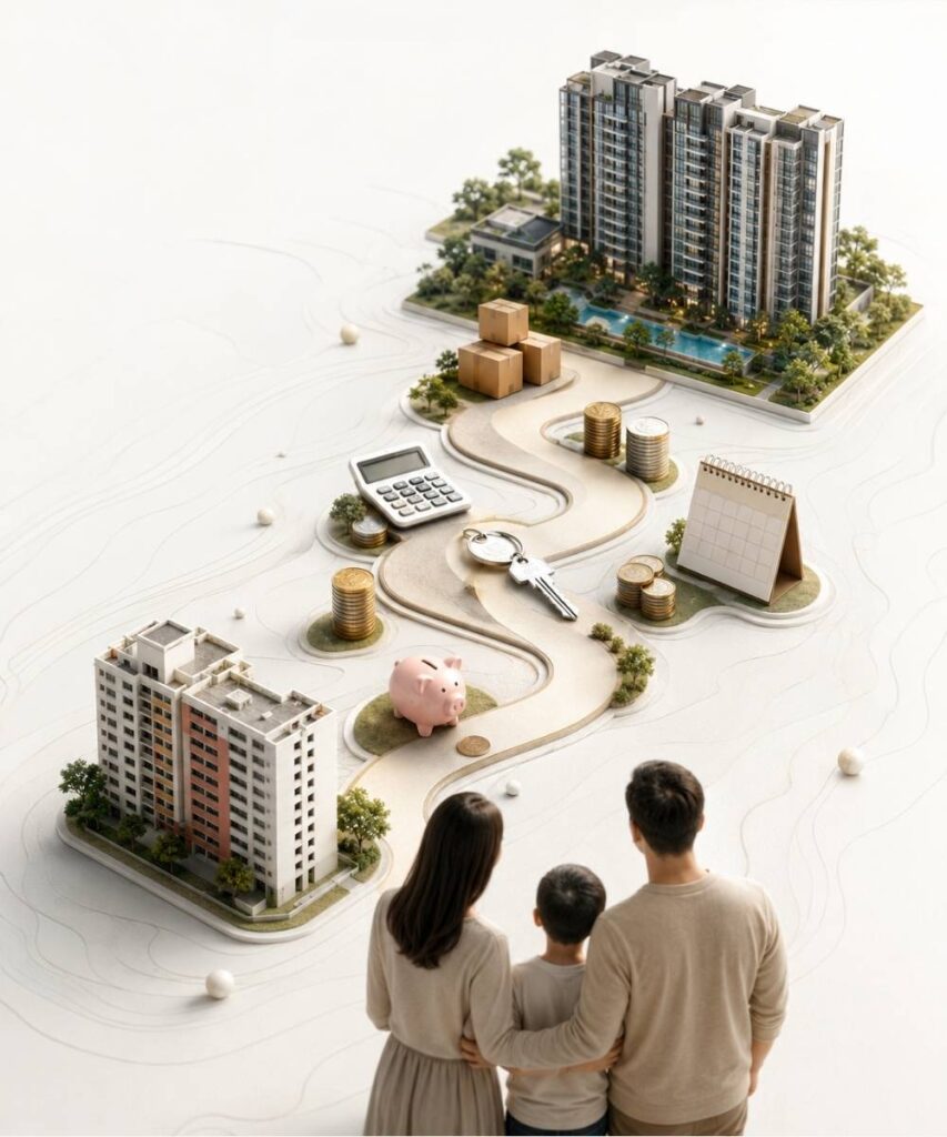 Concept image of a Singapore family planning whether to sell their HDB flat and buy a condo, with a pathway showing savings, CPF, loan calculations, moving boxes, keys and timeline considerations.