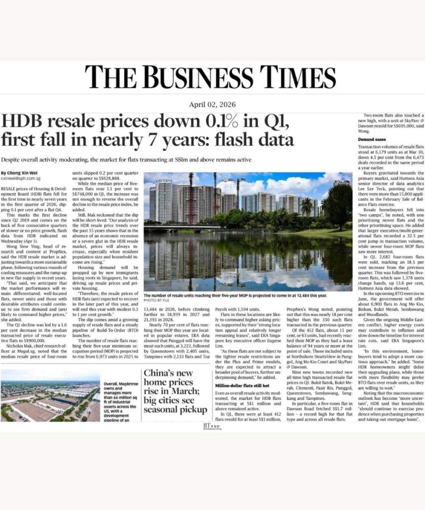 Business Times report showing HDB resale prices down 0.1% in Q1 2026, the first quarterly decline in nearly 7 years