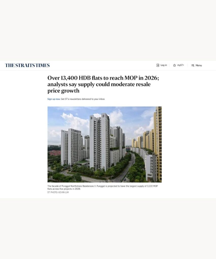 Straits Times report showing over 13400 HDB flats reaching MOP in 2026, with analysts saying supply could moderate HDB resale price growth
