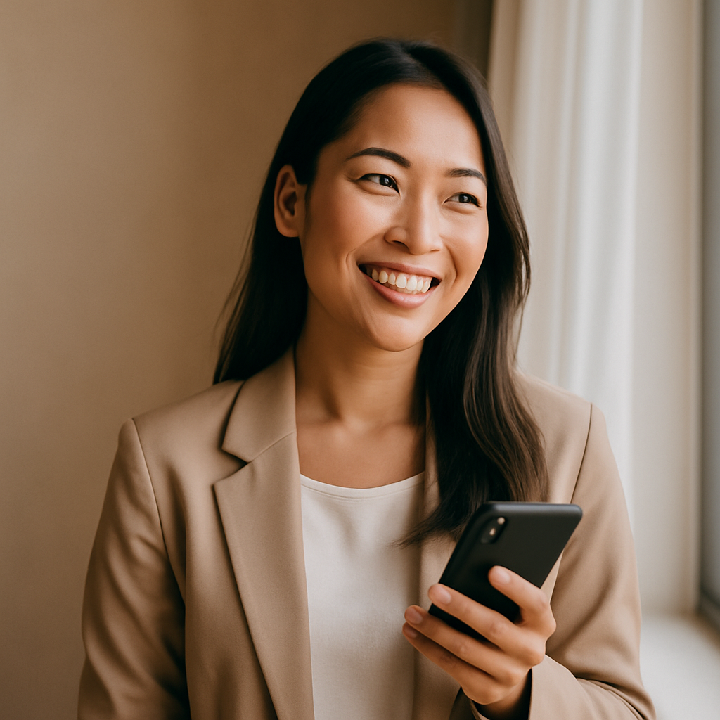 Asian woman smiling by window after smart property decision.