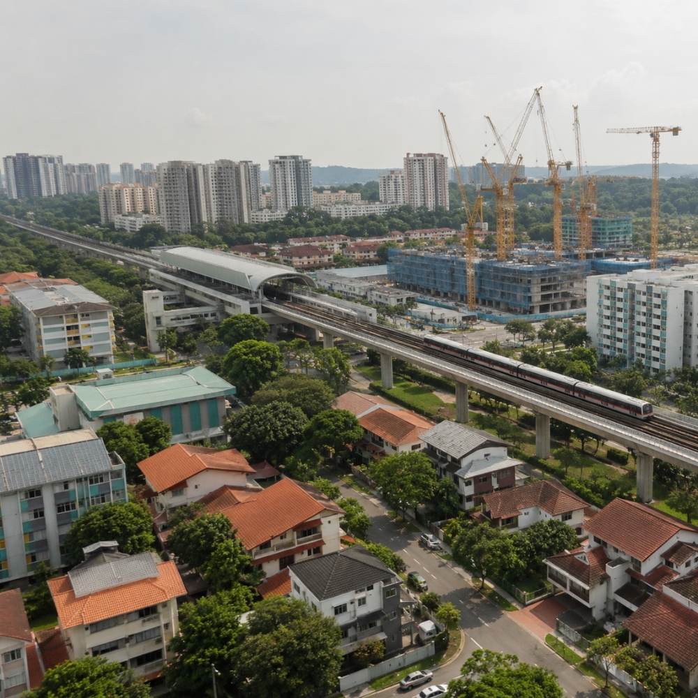 Aerial view of a Singapore estate with an MRT line and ongoing development, illustrating Master Plan 2025 growth