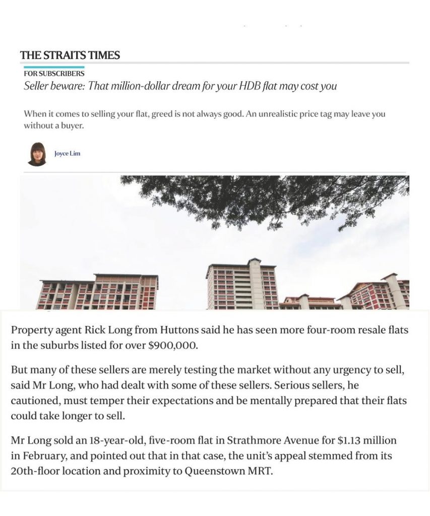 Screenshot of The Straits Times article quoting Rick Long on HDB resale flat pricing in Singapore. He cautions sellers to align expectations and shares a successful Strathmore Avenue sale.