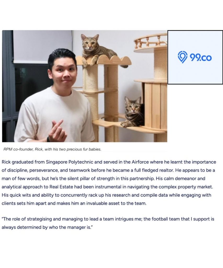 99.co profile feature on Singapore realtor Rick Long, highlighting his military background, calm leadership style, data-driven property approach, and personal philosophy on team management.