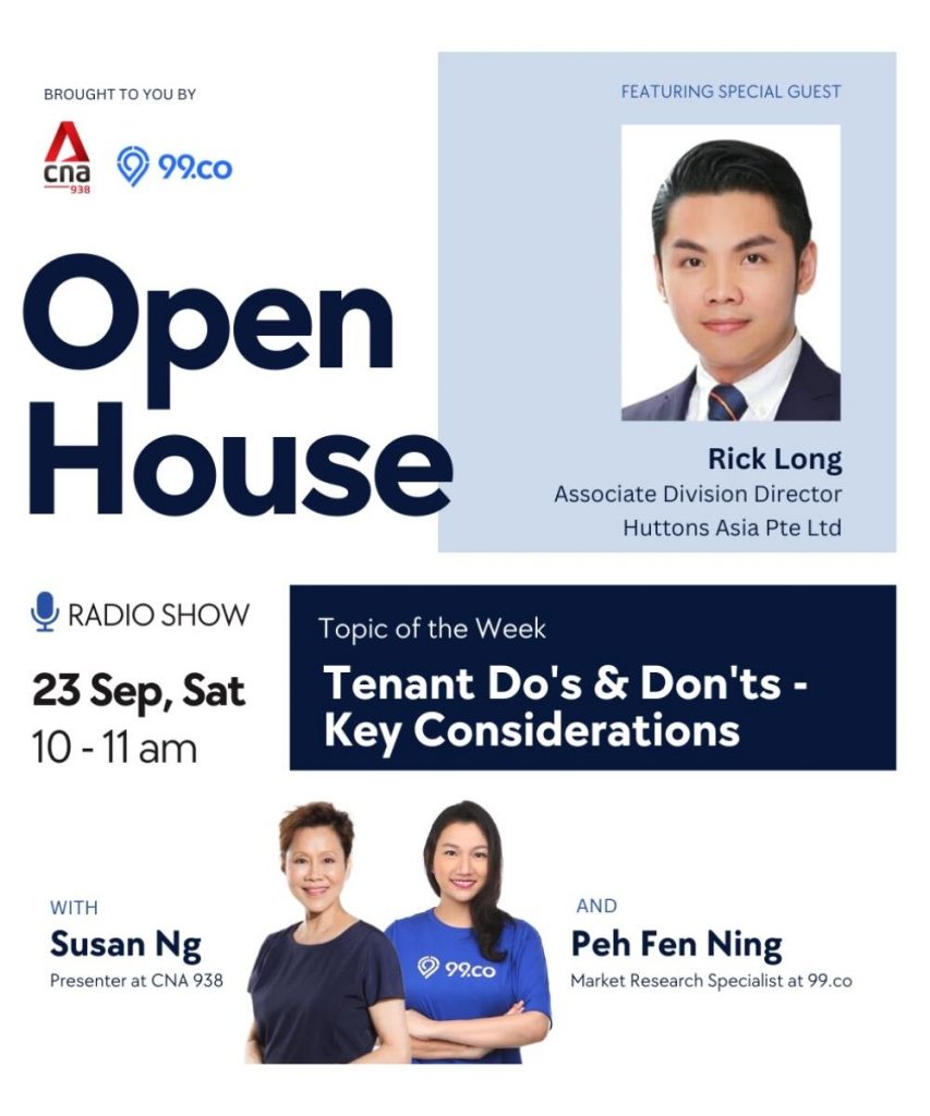CNA 93.8 Open House radio guest appearance featuring Rick Long, Associate Division Director at Huttons Asia, discussing key considerations for landlords and tenants in Singapore alongside 99.co.
