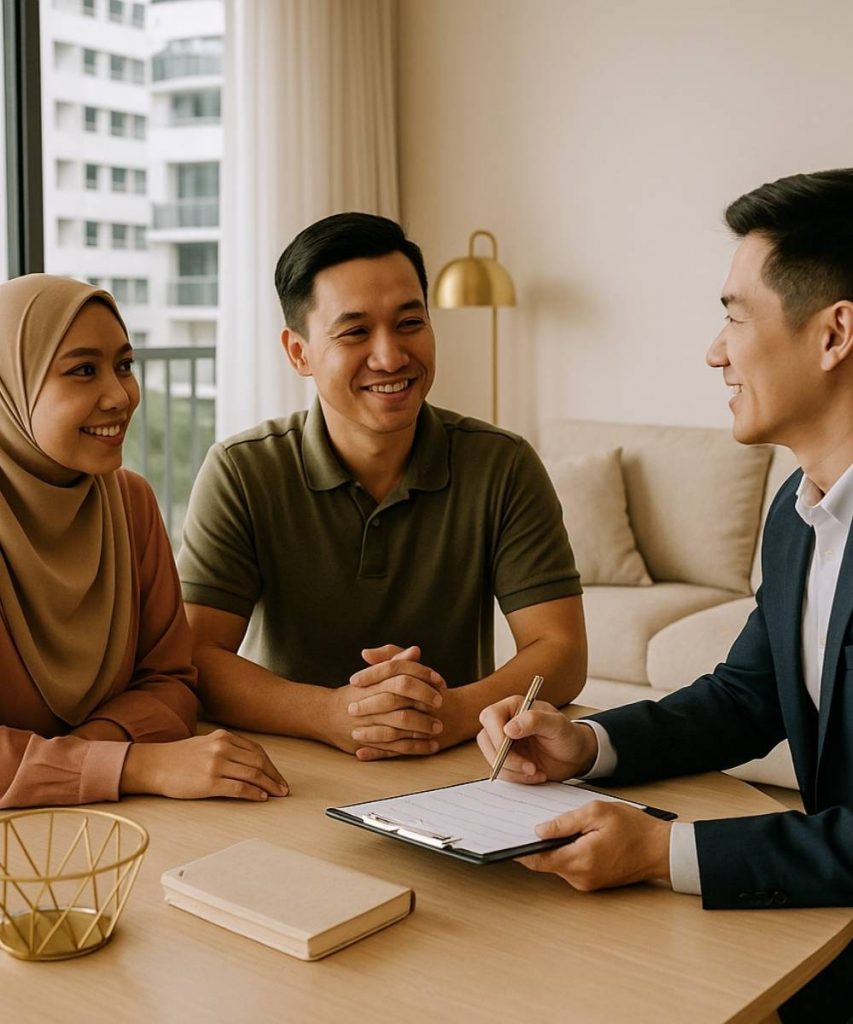 Singapore couple meeting a housing adviser at home—friendly, free, no-obligation HDB consultation about VERS/SERS options.
