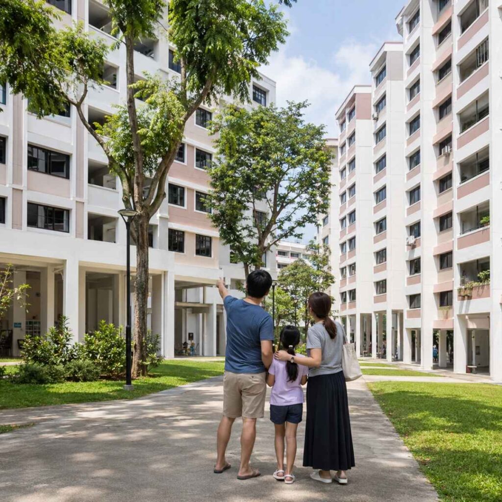 HDB resale flats in Singapore, illustrating an Enhanced Contra Facility sell-and-buy move