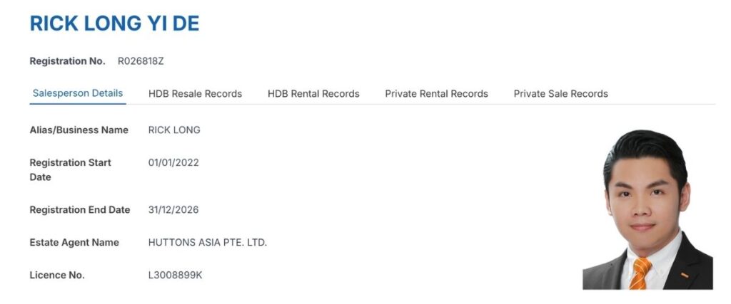 CEA Public Register entry for salesperson Rick Long, showing registration number, validity dates, Huttons Asia as the estate agent and tabs for HDB and private transaction records