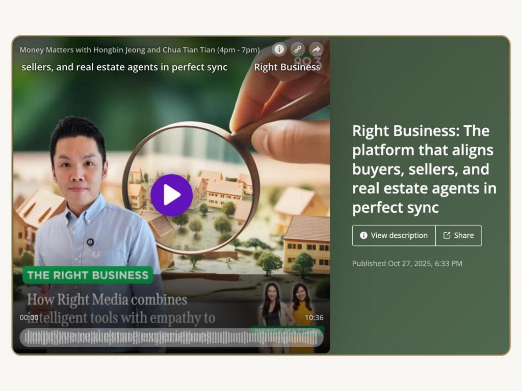 Rick Long on MoneyFM 89.3 discussing Right Media — an AI-driven approach to keep buyers, sellers, and real estate agents in sync from first thought to final handover, combining intelligent tools with empathy.