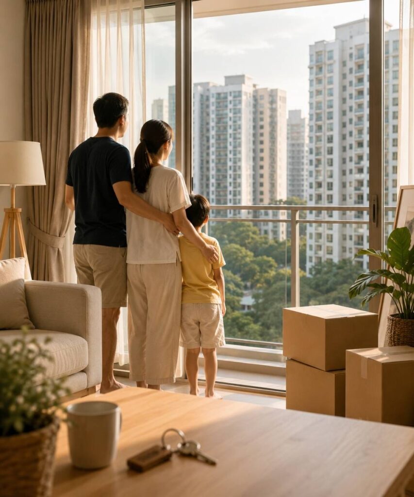 A Singaporean family standing by their condo window with moving boxes nearby, reflecting on their next home decision after their Executive Condominium reaches MOP.
