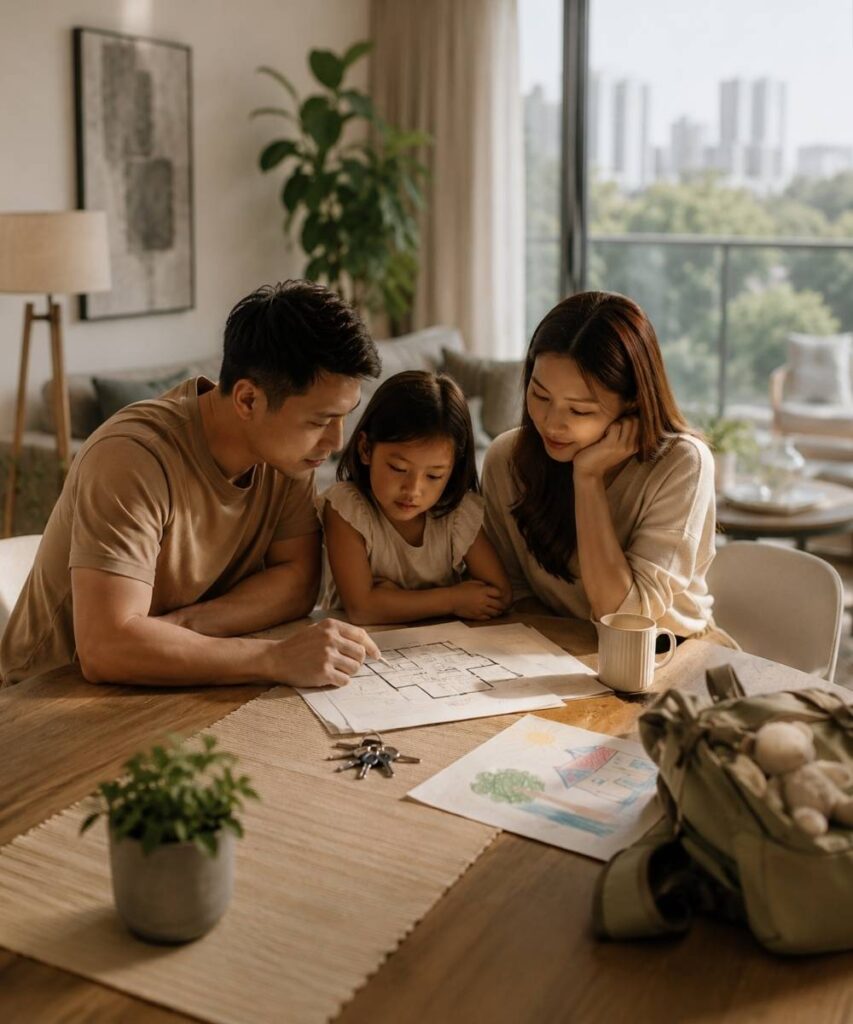 A Singaporean family sitting together at home, looking over a floor plan with house keys and a child’s drawing on the table, reflecting on where they are in their EC journey and what comes next.