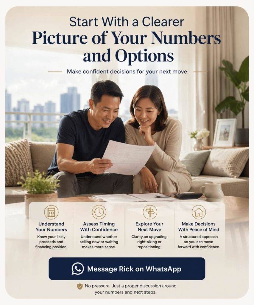 homeowners reviewing property finances together in a Singapore home, discussing sale proceeds and next housing options with clarity and confidence