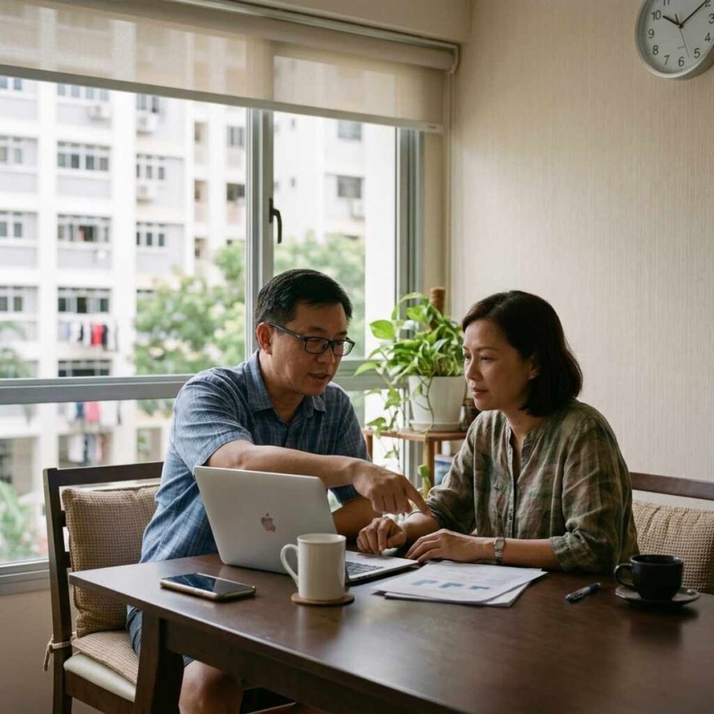 A couple at their dining table reviewing sale proceeds and CPF figures on a laptop, with Singapore HDB blocks visible through the window behind them.