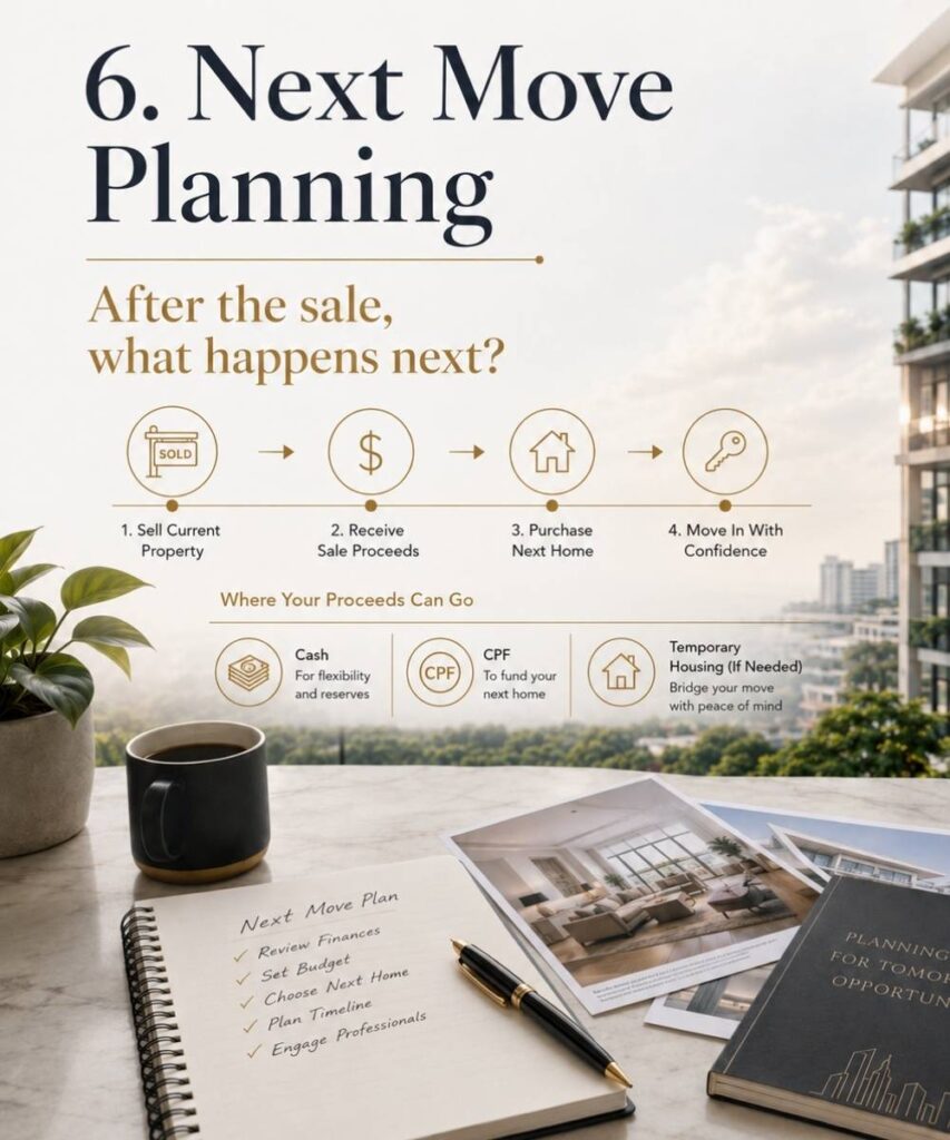 Singapore property exit strategy image showing next move planning after a sale, including sale proceeds, CPF, cash, temporary housing, and purchasing the next home.