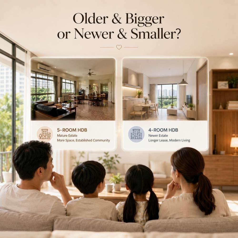 A Singapore family comparing an older bigger 5-room HDB with a newer smaller 4-room HDB, showing the choice between more space, mature estate living, longer lease and future resale flexibility.