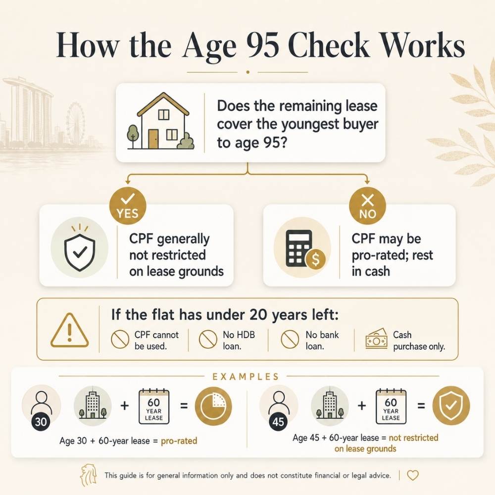 Infographic explaining how the CPF Age 95 check affects HDB resale buyers in Singapore, including full CPF usage when the lease covers the youngest buyer to age 95, pro-rated CPF when it falls short, and no CPF or housing loan when the flat has under 20 years of lease remaining.