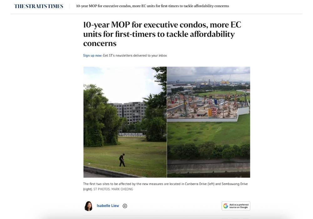 The Straits Times report "10-year MOP for executive condos, more EC units for first-timers to tackle affordability concerns," covering Singapore's May 2026 EC rule changes, with the first affected sites at Canberra Drive and Sembawang Drive.