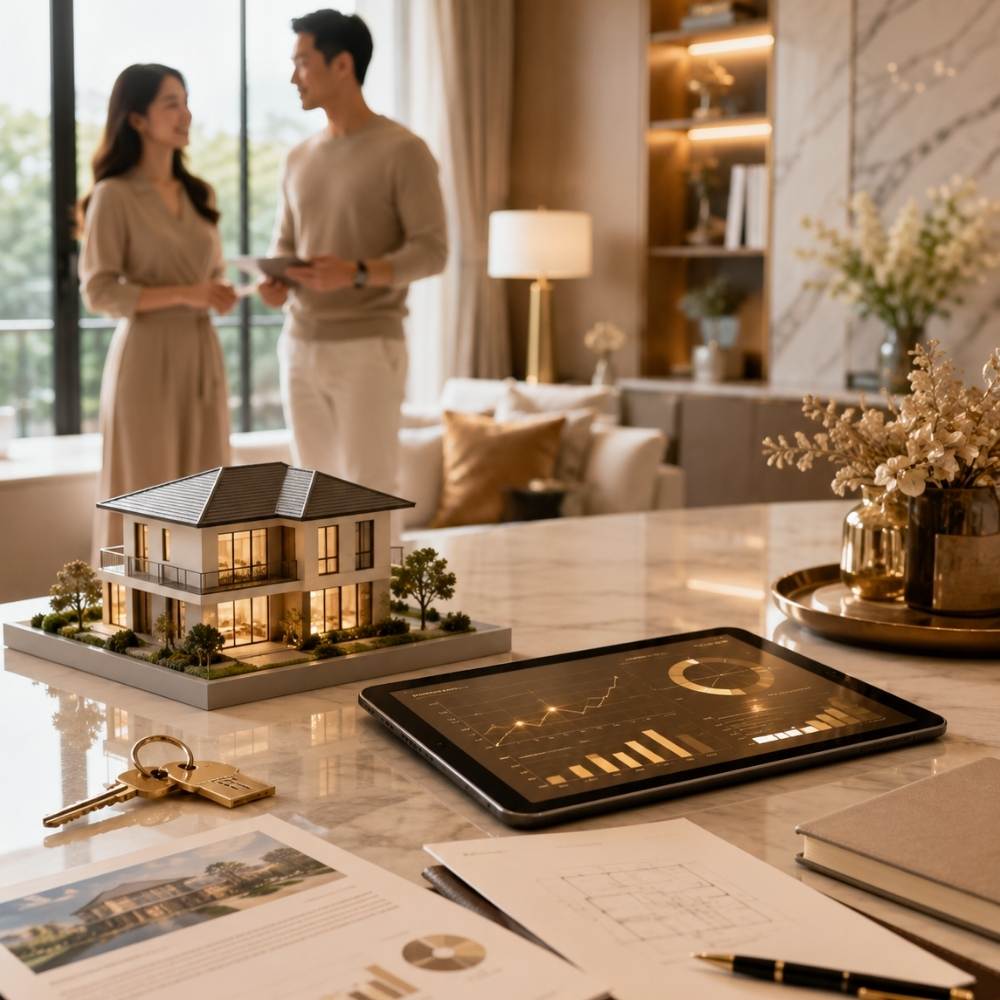 A Singapore home valuation planning scene with a property model, keys, floor plan, and tablet showing market charts, representing how indicative valuation helps homeowners understand pricing, strategy, and next property steps.