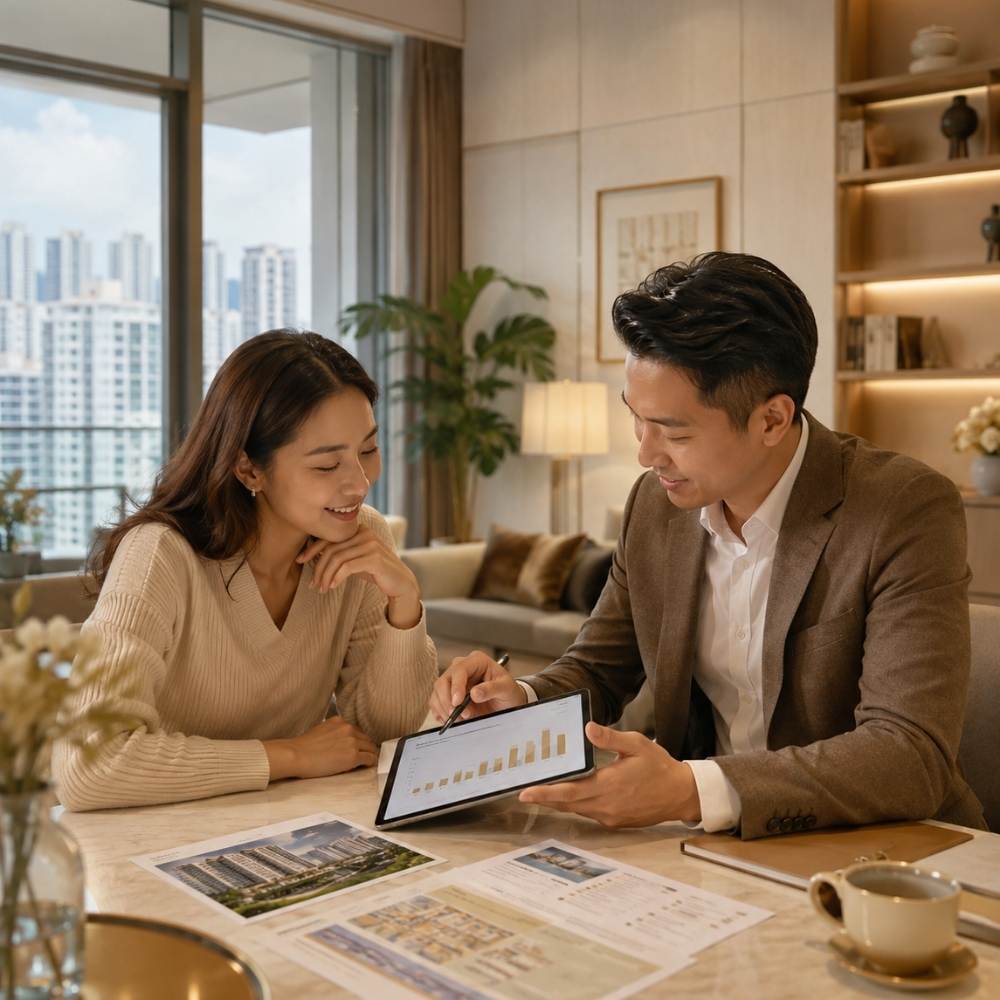 A Singapore property advisor reviewing home valuation charts with a homeowner in a modern condo setting, representing indicative valuation, recent transaction analysis, and pricing strategy before selling a home.