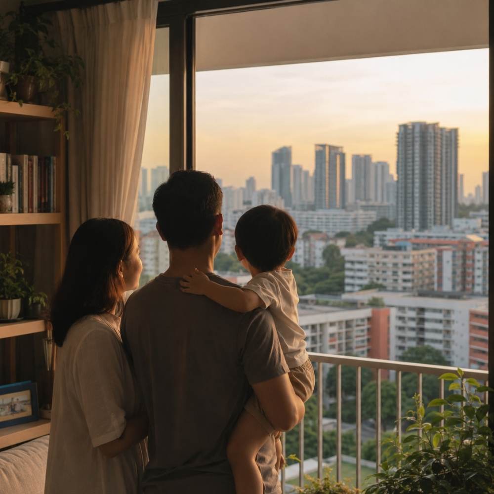 Singapore couple at home reflecting calmly on whether to upgrade from their HDB flat to a condo or EC