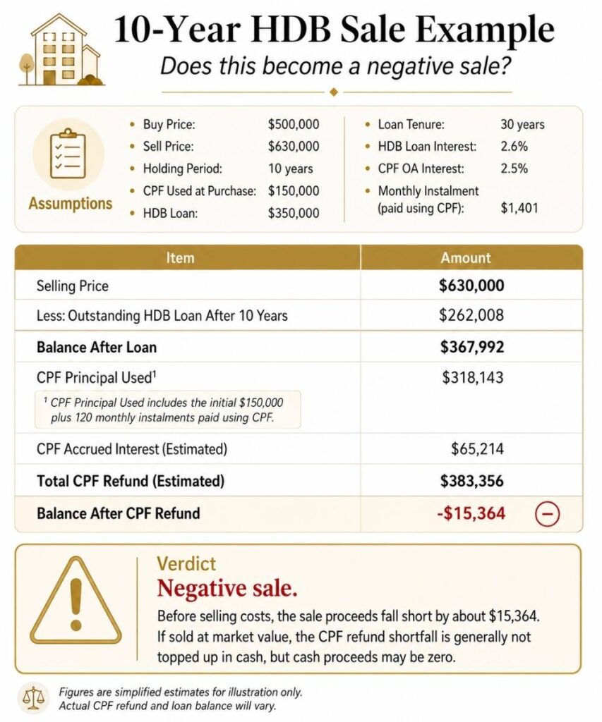 10-year HDB sale example showing how CPF accrued interest, monthly CPF mortgage payments, HDB loan balance and CPF refund can lead to a negative sale when selling a Singapore HDB flat.
