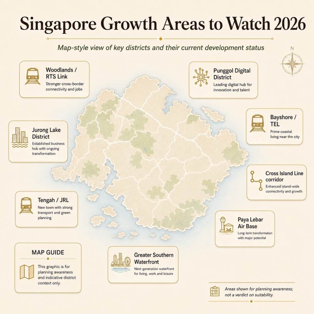 Map of Singapore growth areas to watch in 2026 with their development status