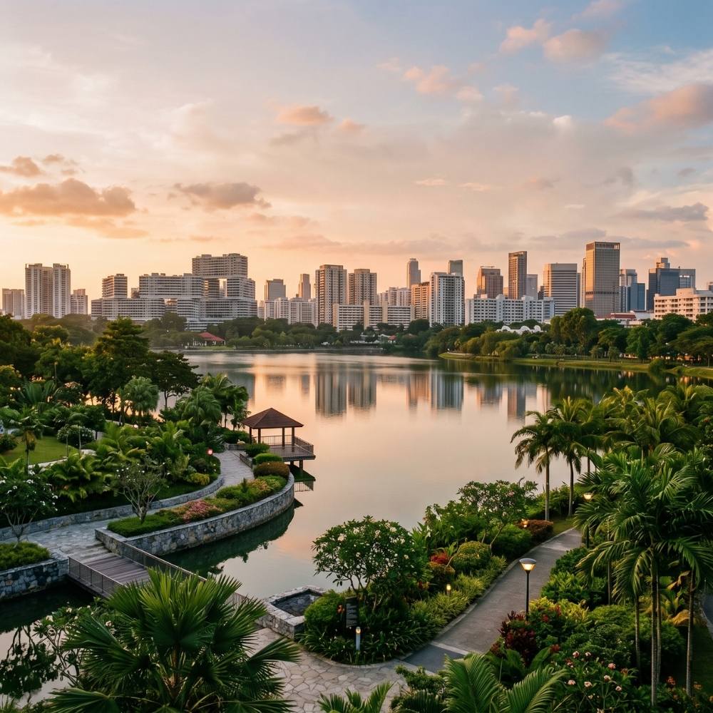 Jurong Lake District lakeside view with gardens and distant towers at golden hour