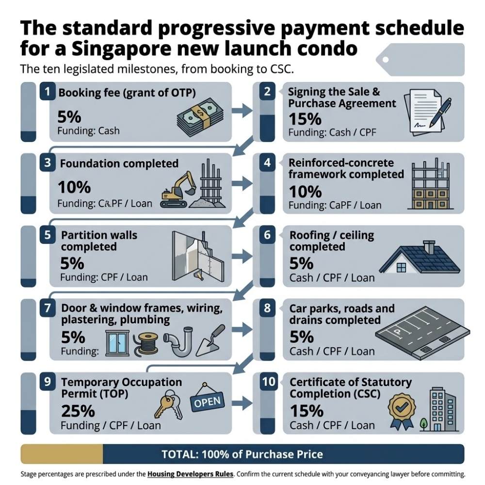 Diagram of the 10 progressive payment scheme stages from OTP booking fee to CSC