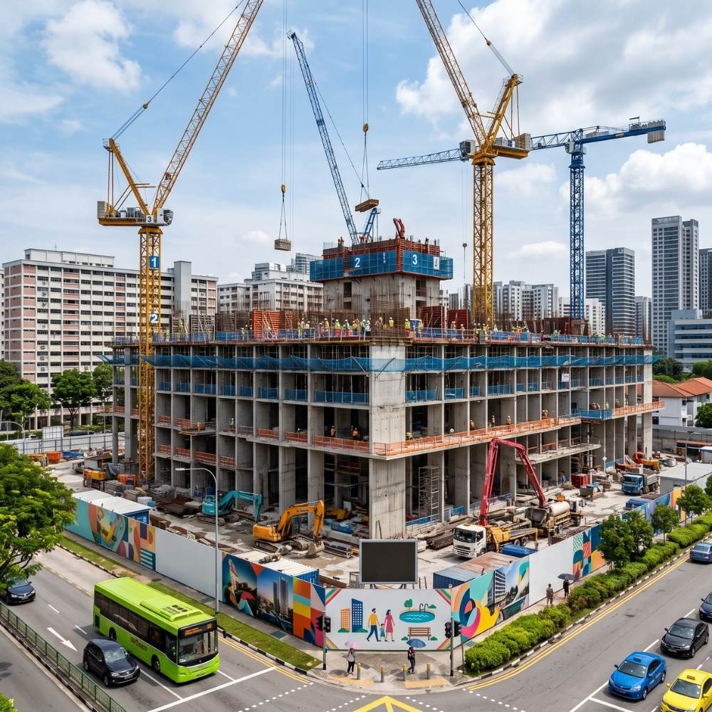 New-launch condominium under construction in Singapore, illustrating the progressive payment scheme milestones