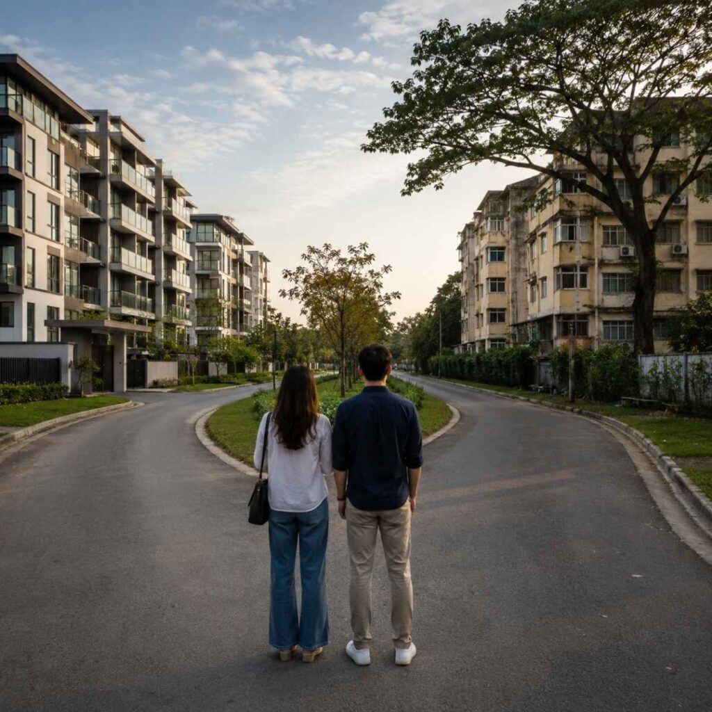 Couple seen from behind standing at a fork in the road, a newer condominium development on one side and an older leasehold block on the other, weighing which property to buy in Singapore